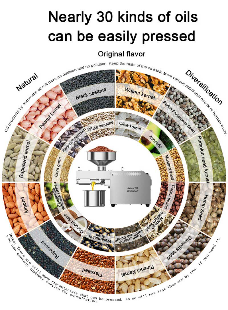 Nearly 30 kinds of olis can  be easily pressed